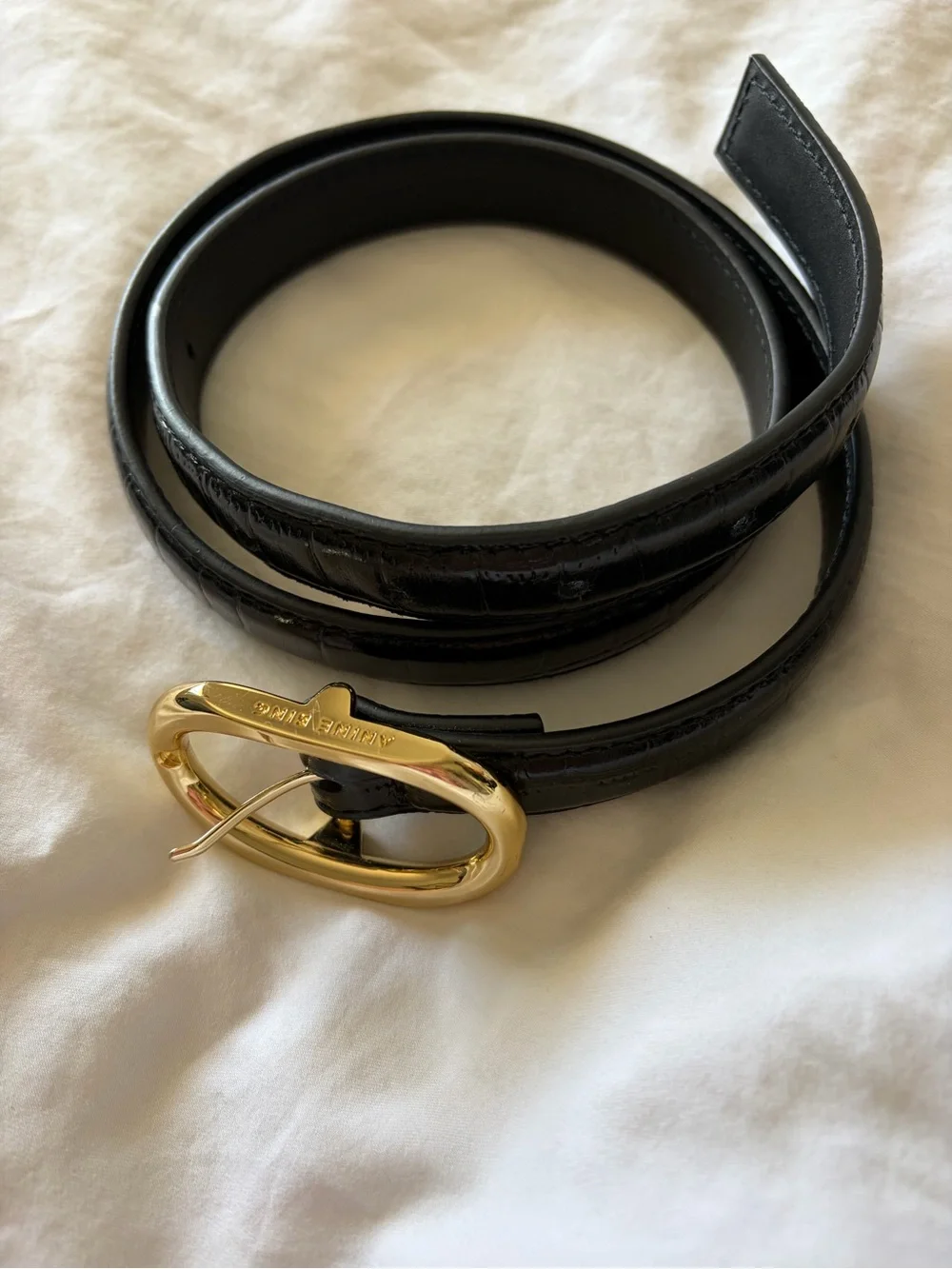 Anine Bing Mara Belt Black Croc-Embossed Leather Belt with Gold Oval Buckle